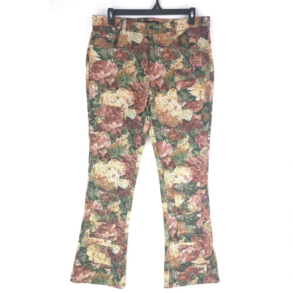 Fashion‎ Nova Men's 34X35 Denim Floral Flared Tapestry Cargo Pockets Lined Pants